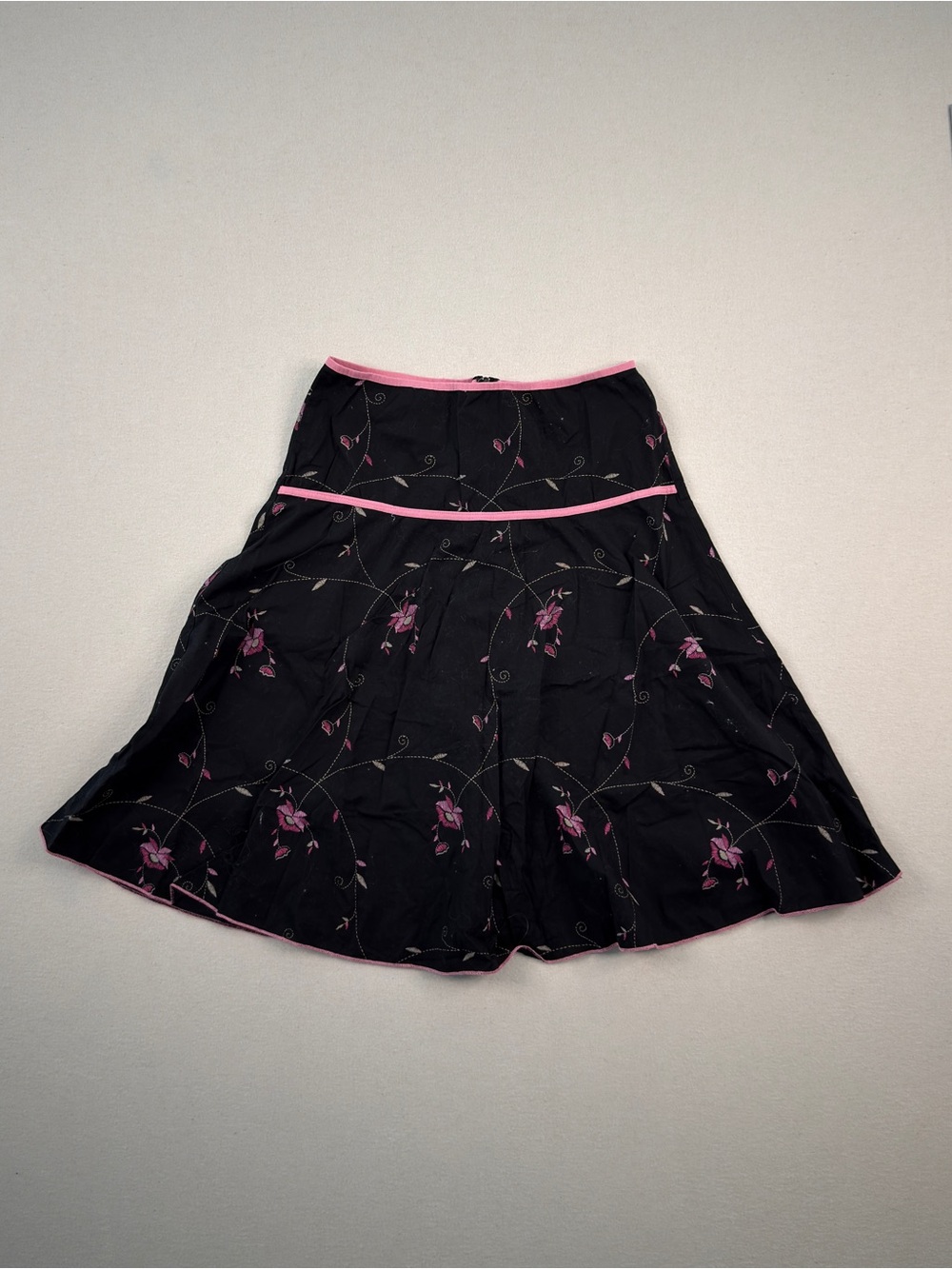 JKLA California Black Pink Floral Embroidered Midi Skirt Y2K Boho